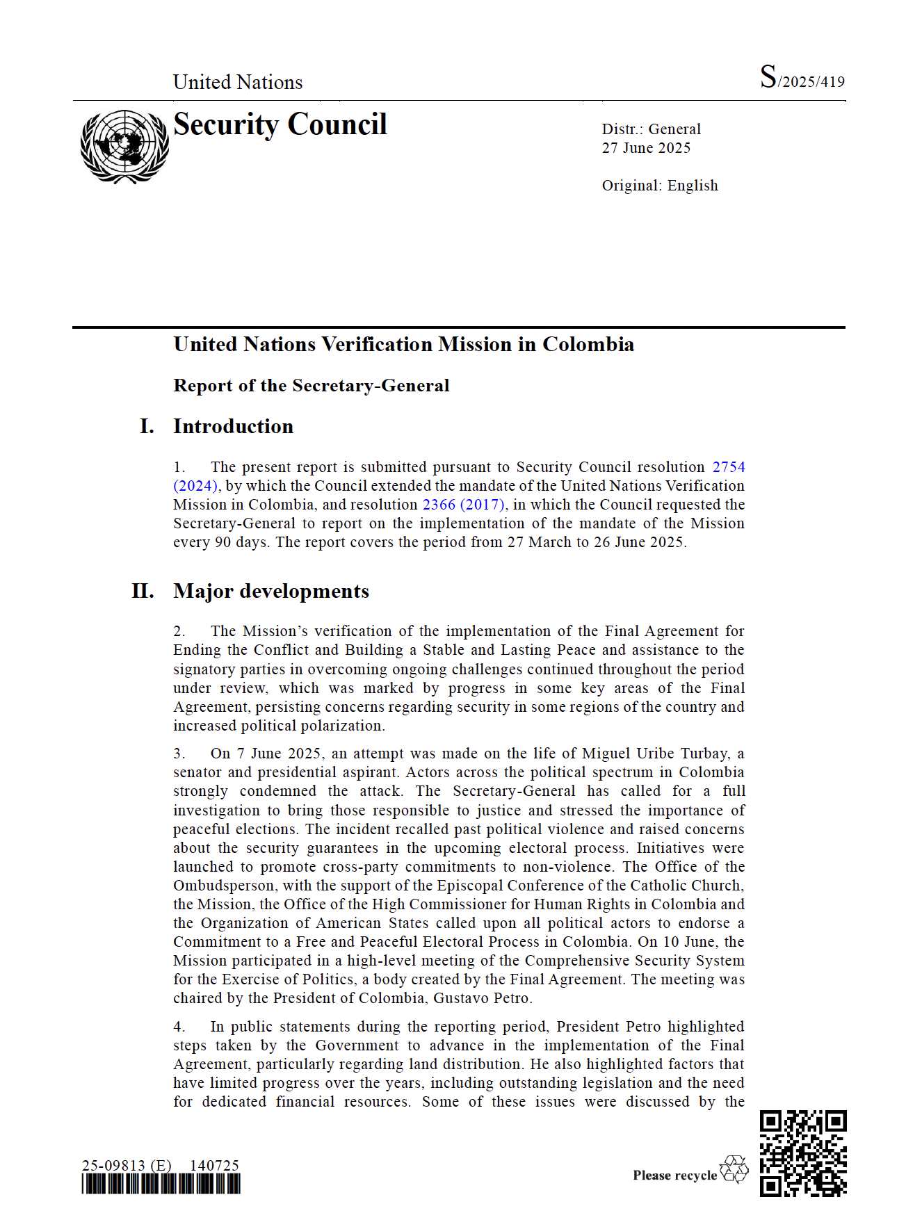 Report of the Secretary-General on the UN Verification Mission in Colombia S/2025/419
